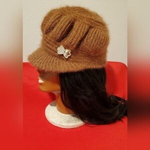 Chic Women's Brown Knit Hat with Decorative Brooch